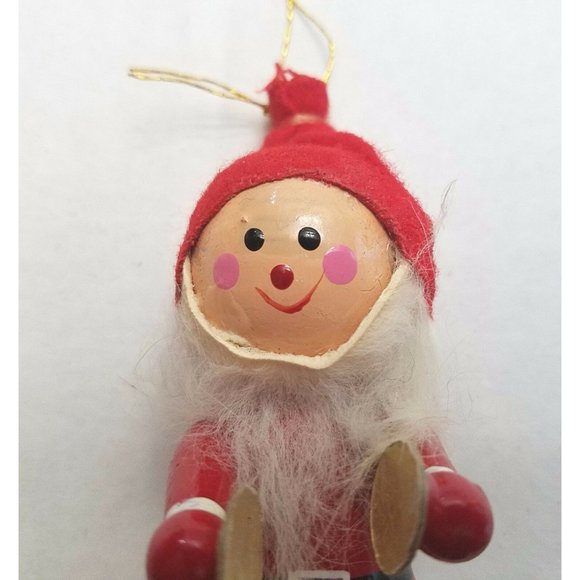 Santa Elf Holding Cymbals Vintage Wood Christmas Tree Ornament Decor 3.5" Tall - Picture 3 of 10